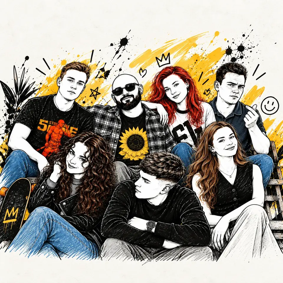 The Eqvola team: seven people together in an illustrated group portrait
